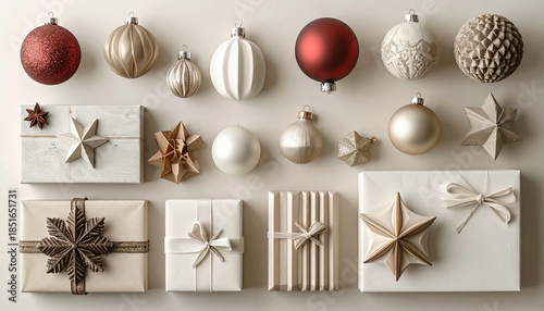 An elegant flat lay of various Christmas ornaments and beautifully wrapped gifts in a festive, neutral color palette.