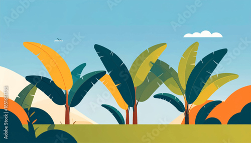 Simplified nature scene with banana trees, bird, cloud, hills, and bright sky. Flat vector illustration