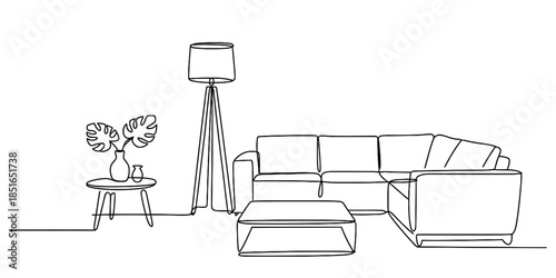 Minimalist living room setup with sectional sofa and accent table Vector, illustration