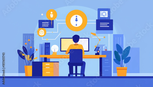 Illustration of a person at a desk with a computer, potted plants, and abstract buildings in the background