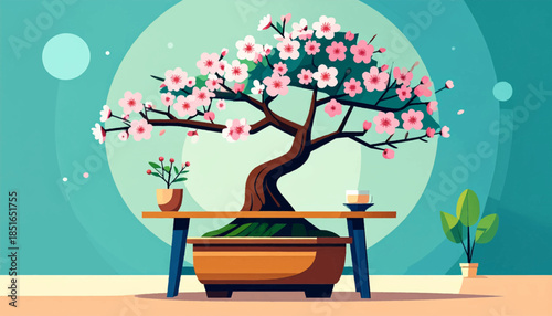 Simplified rendering of a flowering bonsai tree on a table with other potted plants