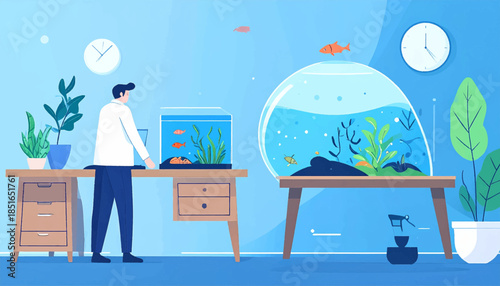 Illustration of a person at desk with aquarium, plants, and clock in a calming, blue-toned workspace
