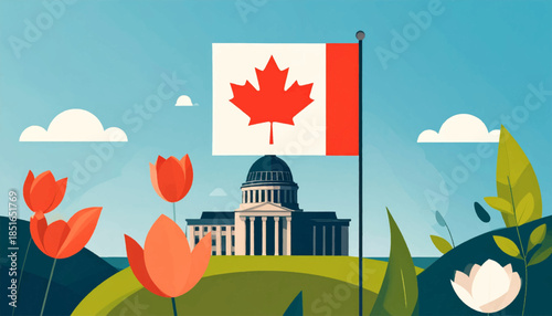 Simplified scene Canadian flag waving before a building, with vivid flora against a calm blue sky