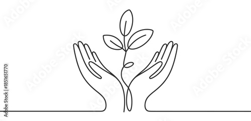 Hands gently cupping a delicate seedling, symbolizing growth and care Vector, illustration