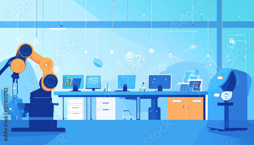 Simplified, stylized lab scene with robotic arm, monitors, cabinets, and equipment in shades of blue and orange