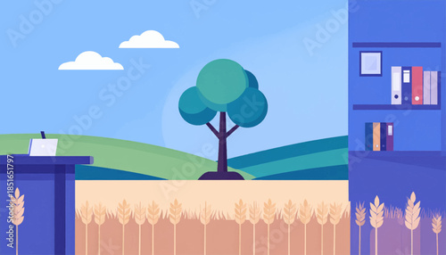 Simplified vector of an office setup with an outdoor view of a tree, wheat field, & grassy hills