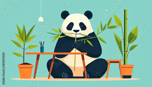 Panda seated, eating bamboo, with potted plants and furniture against an aquamarine backdrop