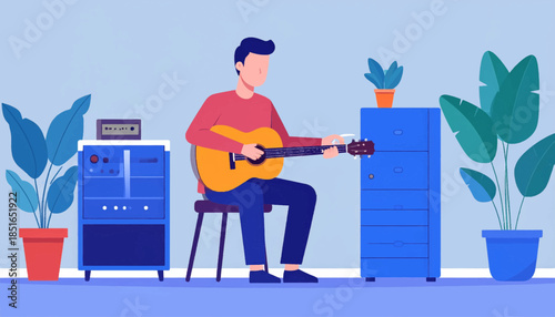 Illustration of a person playing guitar in a room with plants and blue furniture, set against a light blue backdrop