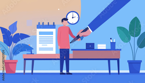 Illustration of a person signing a document in a modern office with a calendar, clock, and plants