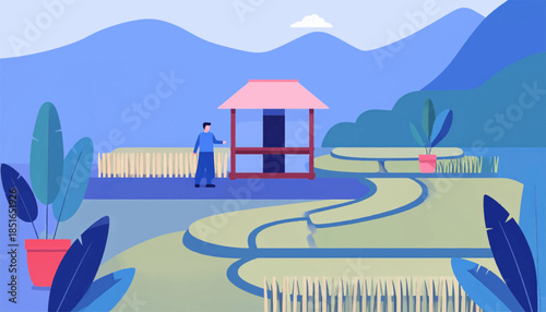Illustration of a person standing near a hut overlooking tiered rice paddies and mountains in blue hues