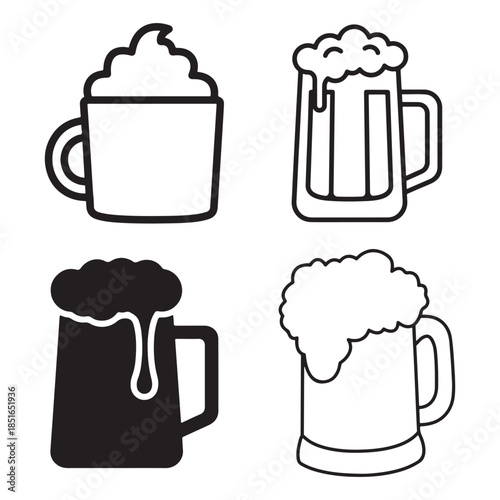 This image displays four black and white icons of mugs arranged in a 2x2 grid. Three of the icons depict variations of beer mugs or steins with foamy heads, including one black silhouette. 