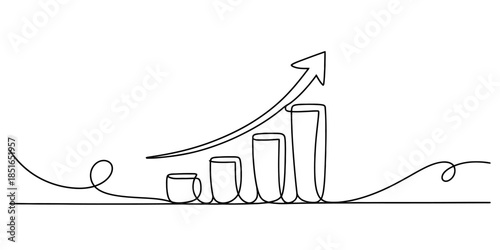 Continuous line drawing of a rising bar graph with an upward arrow Vector, illustration