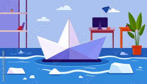 Paper boat sails on a flooded office floor, minimalist, blocky style