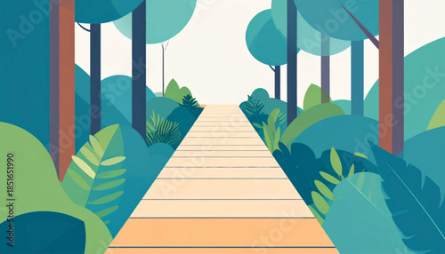 Path winds through stylized lush green foliage beneath a canopy of trees in a calming, nature-focused composition