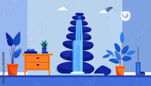 Illustration of a room with a zen fountain, dresser, plants, and cleaning supplies with pastel blue background