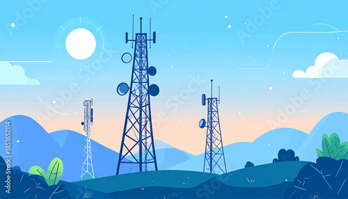 Illustrated scene of three communication towers under a sunlit sky, with stylized hills and foliage in blue tones