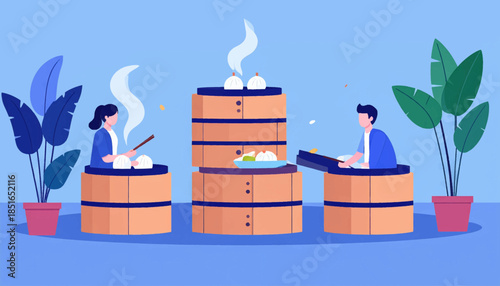 Illustrated scene of people with steaming dumplings in a stylized setting with potted plants on a blue background