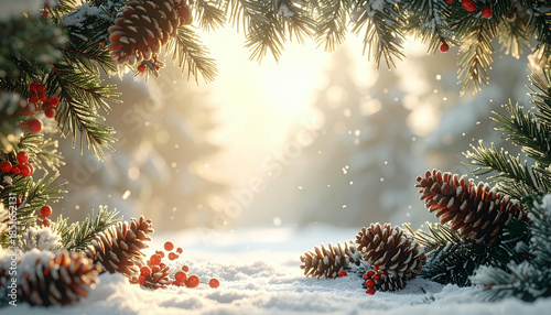 Winter wonderland scene with snow-covered pine branches, festive red berries, and natural pine cones, bathed in a soft, warm glow.