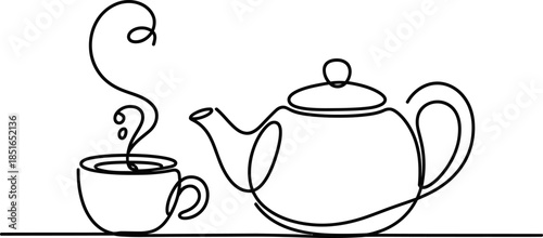 A single line drawing of a teapot and a steaming cup of tea Vector, illustration