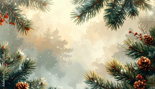 Winter forest frame with pine branches, cones, and berries in a soft, misty background.