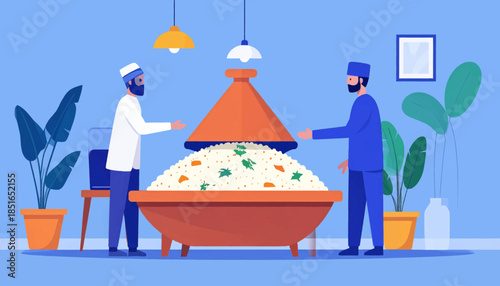 Illustrated scene of two men serving a tagine meal in a home setting with plants and blue walls