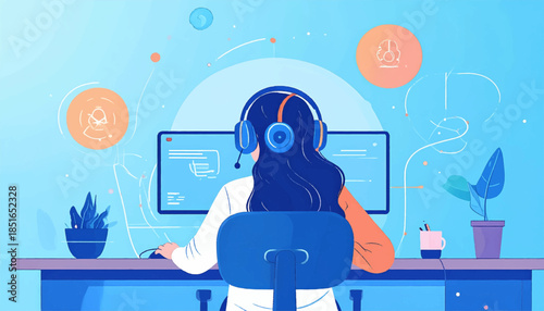 Person at a desk wearing a headset, facing a computer screen with abstract shapes and indoor plants