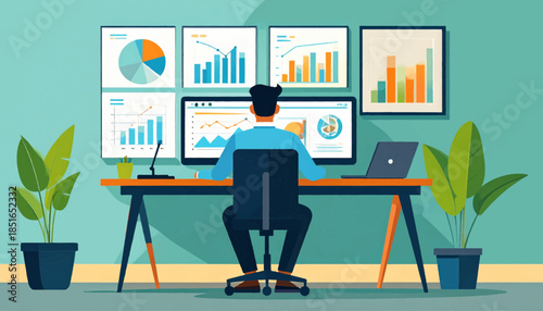 Person at desk, back facing viewer, with charts, laptop, and plants in an office with turquoise walls