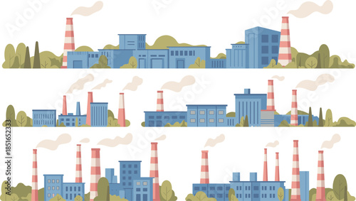 Industrial factory skyline illustration set with smokestacks, manufacturing buildings, urban industry scenes, pollution concept, flat modern vector design