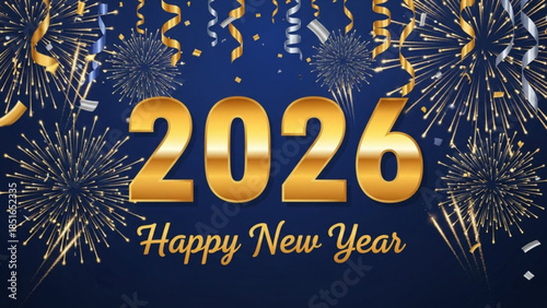 2026 happy new year celebration with gold fireworks and confetti on dark blue background