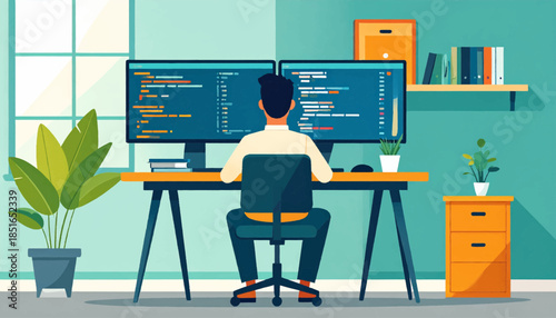 Person at desk coding on dual monitors in bright room filled with plants and shelves, relaxed home office setting