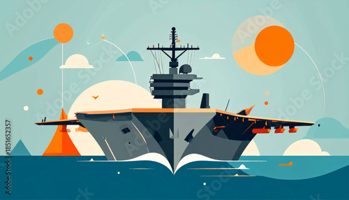 Illustration of a large ship on the ocean with circles and triangles in a stylized, flat-color design