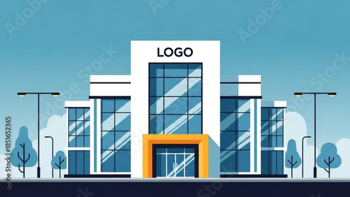 Modern white office building with glass facade and yellow entrance under blue sky