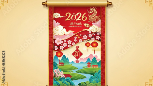 Vibrant chinese new year 2026 scroll with dragon and cherry blossoms hanging on beige pastel