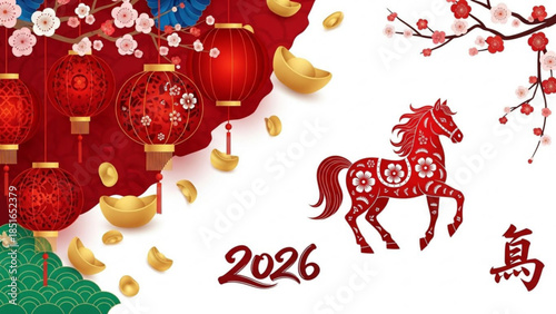Red horse and chinese lanterns for 2026 new year celebration