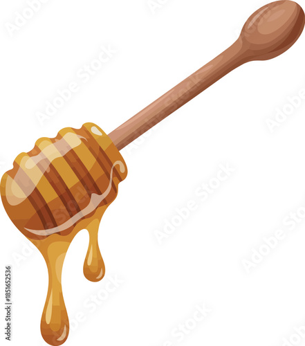 Golden honey dripping from a wooden dipper isolated on a white background