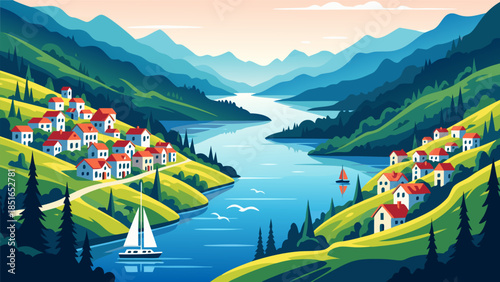 Idyllic mountain village nestled beside a serene, blue river flowing through a lush green valley under a clear sky