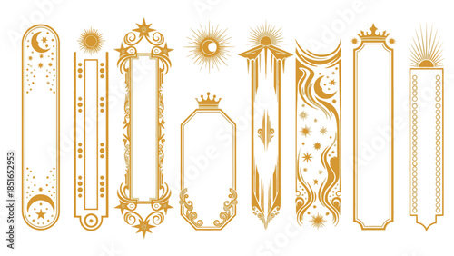 Collection of Elegant Golden Celestial Frames, Ornate Banners, and Decorative Borders with Stars and Moons for Mystical Design Projects