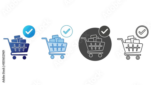 Online Shopping Cart with Checkmark Icon Set Representing Successful E-commerce Transaction and Order Fulfillment Process