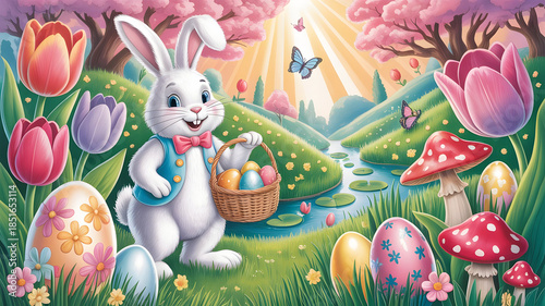 Easter bunny in a vibrant spring garden with tulips and easter eggs