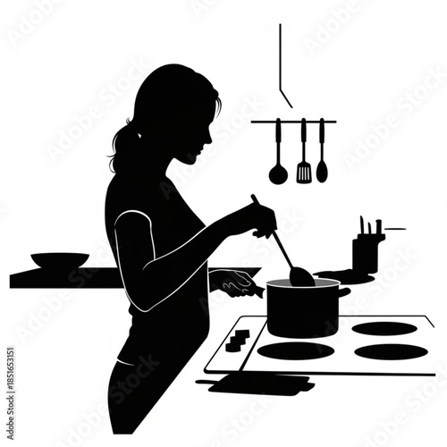 Silhouette of a woman cooking in a kitchen with utensils and pot on stove