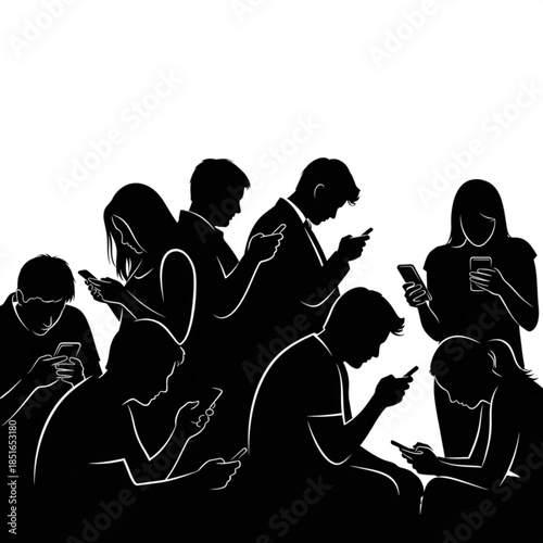 Silhouette of people sitting and standing while using their mobile phones