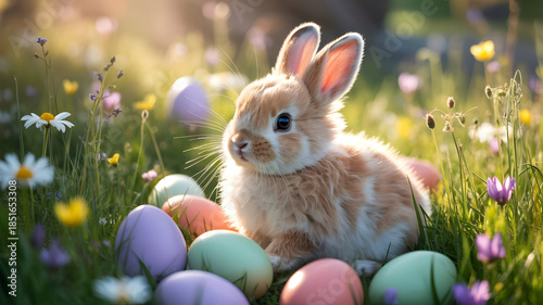 A cute easter bunny sitting with colorful eggs in a sunny meadow