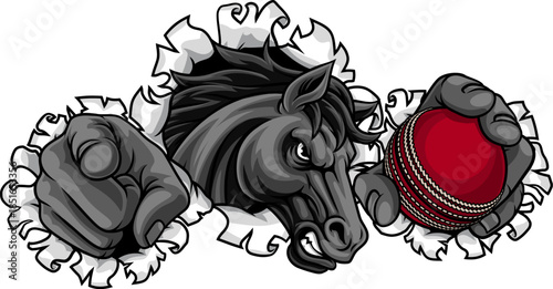 Horse mustang bronco stallion cricket angry sports team mascot holding a ball.