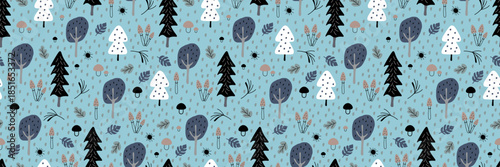 Natural seamless pattern. Forest of gray, black and white trees on blue background, plant, mushroom and owl. Landscape, environment. Сartoon. For wallpaper, textiles, packaging, backgrounds. Vector.