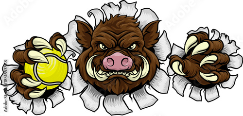 A wild boar, hog razorback warthog pig mean tough cartoon sports mascot holding a tennis ball