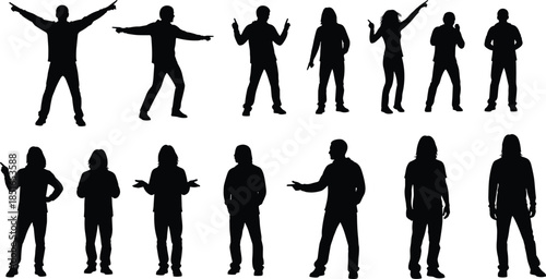 Set of black silhouettes of a casual man in various active poses including pointing, gesturing, standing, and dancing isolated on white background