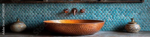 Copper sink and teal pebble tile backsplash. A luxurious and stylish bathroom design.