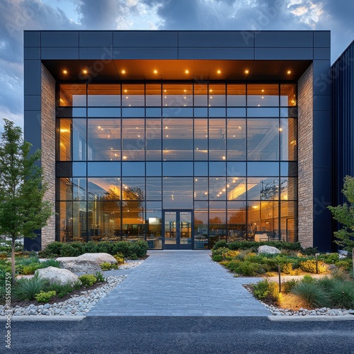 Modern building with large glass facade, illuminated interior, and landscaped entrance.