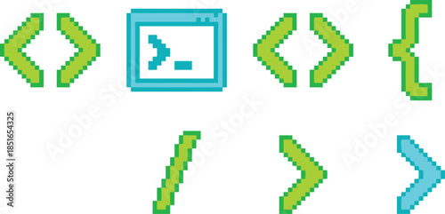 Pixel art programming symbols icon set, coding brackets and terminal elements, retro developer interface graphics, software technology concept, isolated background