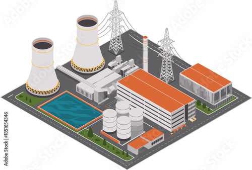 Isometric power plant illustration with cooling towers, transmission lines, industrial buildings, electricity infrastructure, energy production facility, modern utility complex